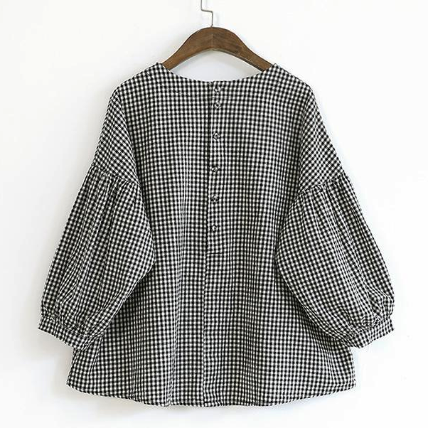 French  Yellow Plaid Cotton Women Fine Sewing Asymmetric Plus Size Clothing Blouse