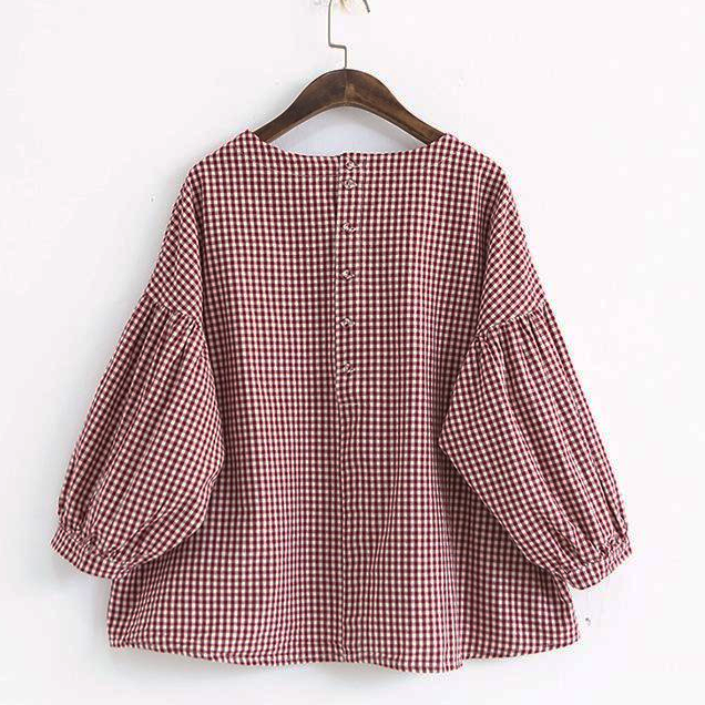 French  Purple Plaid Cotton Women Fine Sewing Asymmetric Plus Size Clothing Blouse