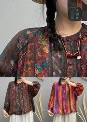 Rainbow Button Patchwork Linen Blouses O Neck Spring