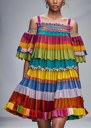 Rainbow Striped Chiffon Pleated Dresses Cold Shoulder Summer