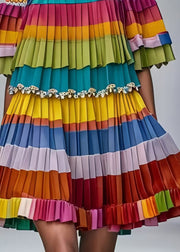 Rainbow Striped Chiffon Pleated Dresses Cold Shoulder Summer