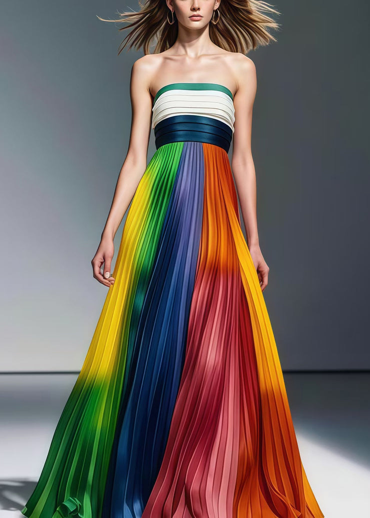 Rainbow Tie Dye Chiffon Party Strapless Dress Cold Shoulder Wrinkled Summer