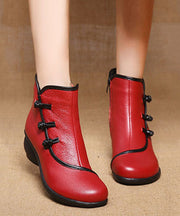 Red Ankle Boots Chunky Cowhide Leather Boutique Splicing Warm Fleece