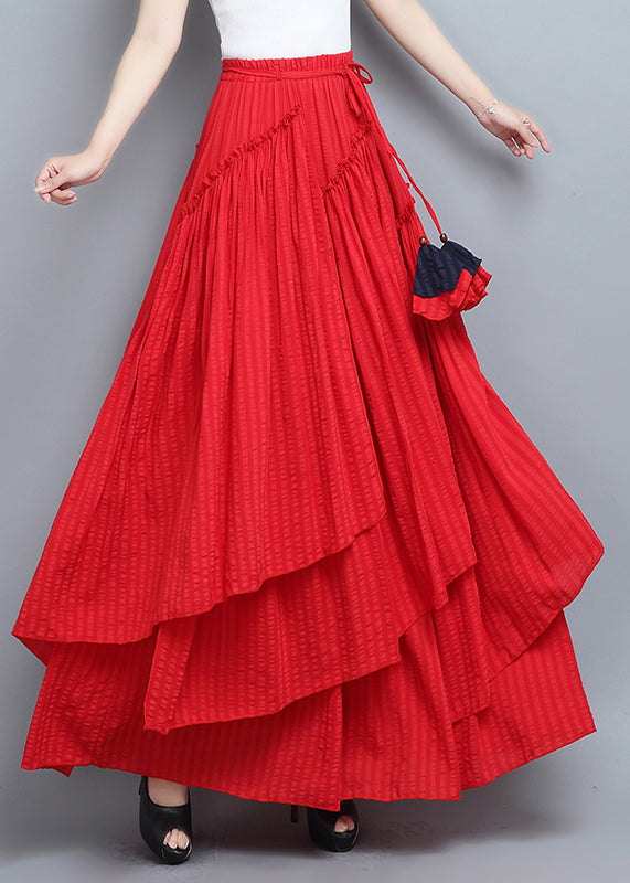 Red Asymmetrical Tie Waist Pleated Skirt Summer