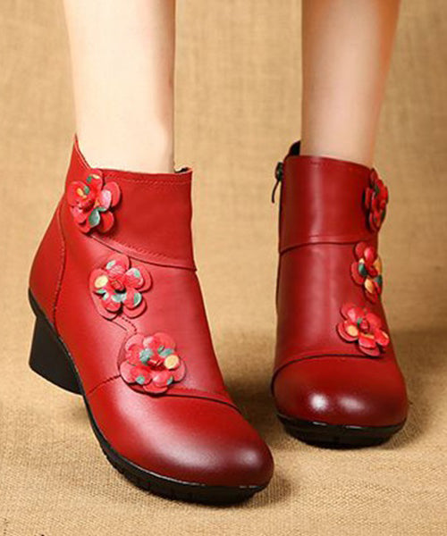 Red Boots Chunky Cowhide Leather Women Splicing Floral