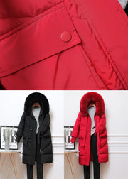 Red Bow Duck Down Puffer Coats Rabbit Hair Collar Pockets Winter