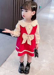 Red Button Cotton Girls Two Pieces Set Peter Pan Collar Long Sleeve