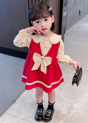 Red Button Cotton Girls Two Pieces Set Peter Pan Collar Long Sleeve