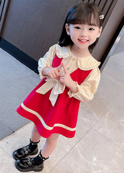 Red Button Cotton Girls Two Pieces Set Peter Pan Collar Long Sleeve