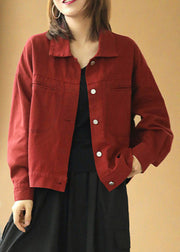 Red Button Cozy Cotton Denim Coats Long Sleeve