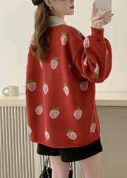 Red Button Cozy Cotton Knit Sweaters Coat Long Sleeve