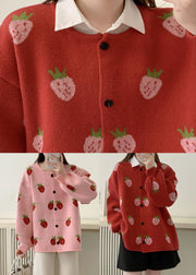 Red Button Cozy Cotton Knit Sweaters Coat Long Sleeve