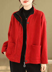 Red Button Loose Warm Fleece Coat Stand Collar Long Sleeve