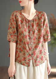 Red Button Patchwork Linen Shirt Top O Neck Summer