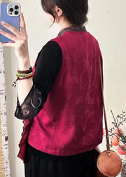 Red Button Patchwork Silk Waistcoat Embroideried Sleeveless