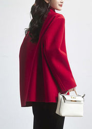 Red Button Patchwork Wool Coat V Neck Long Sleeve