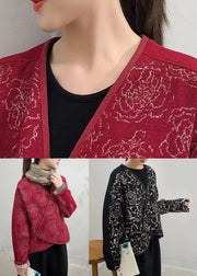 Red Button Patchwork Woolen Coats V Neck Long Sleeve