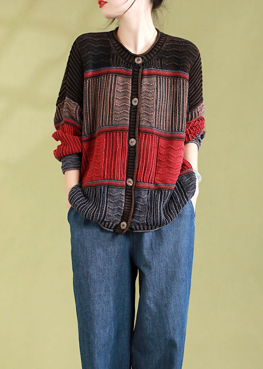 Red Casual Patchwork Knit Cardigan O Neck Button Spring