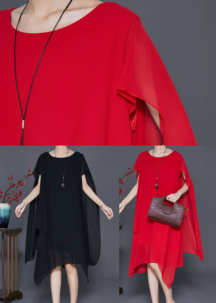 Red Chiffon Long Dress Asymmetrical Draping Cloak Sleeves