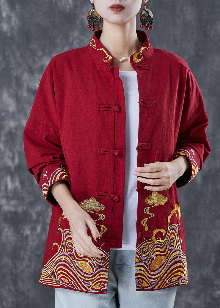 Red Chinese Style Cotton Shirts Embroideried Spring