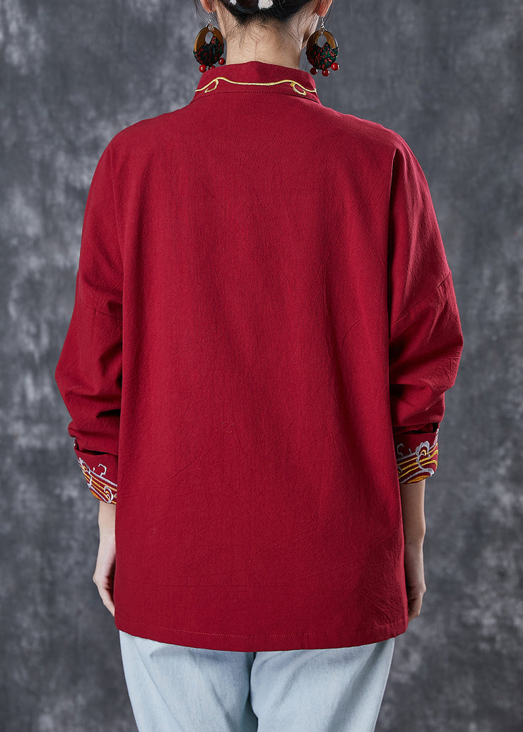 Red Chinese Style Cotton Shirts Embroideried Spring