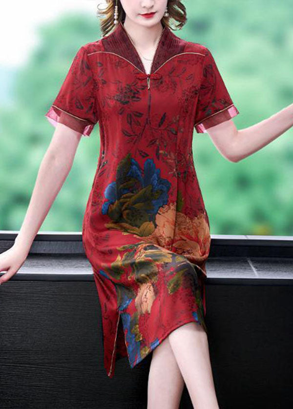 Red Chinese Style Silk Long Dresses Print Side Open Summer