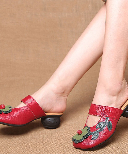 Red Chunky Cowhide Leather Unique Floral Splicing Slide Sandals