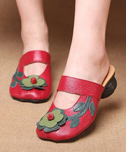 Red Chunky Cowhide Leather Unique Floral Splicing Slide Sandals