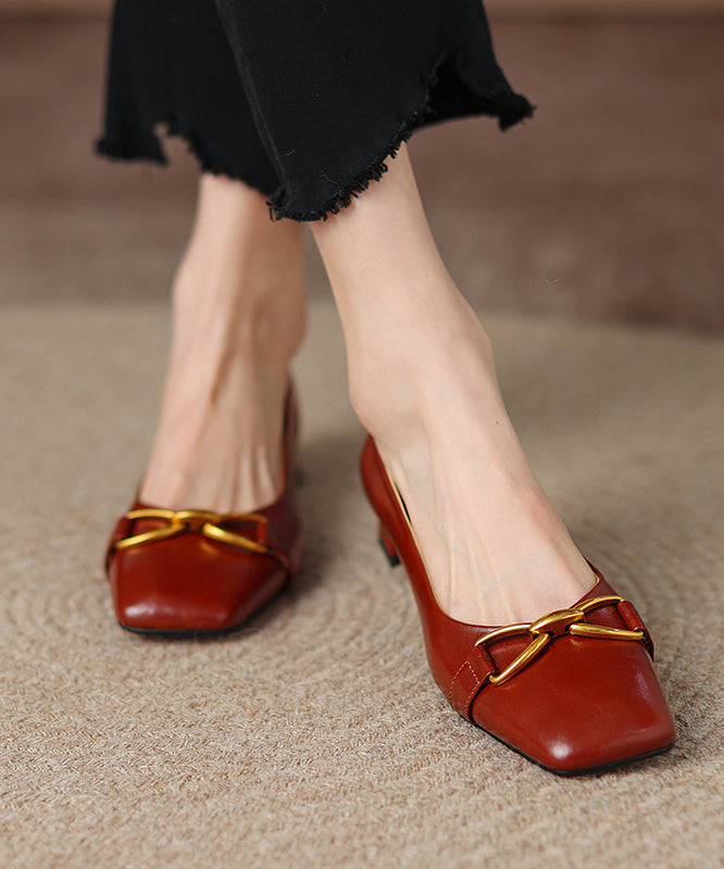 Red Chunky Heel Cowhide Leather Fashion Splicing