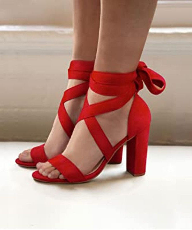 Red Chunky High Heels Faux Leather Fine Splicing Peep Toe Lace Up