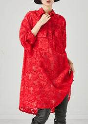 Red Cotton Shirt Dresses Oversized Pockets Spring