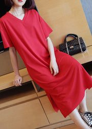 Red Cotton Straight Dresses V Neck Side Open Summer