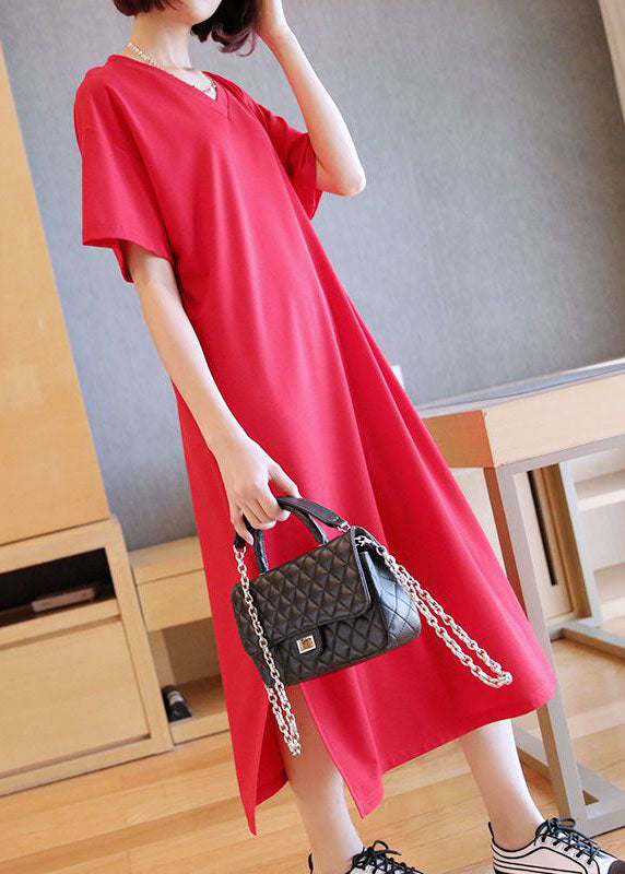 Red Cotton Straight Dresses V Neck Side Open Summer