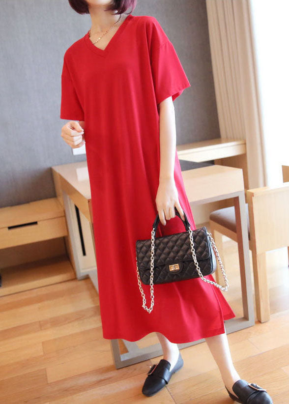 Red Cotton Straight Dresses V Neck Side Open Summer