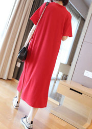 Red Cotton Straight Dresses V Neck Side Open Summer