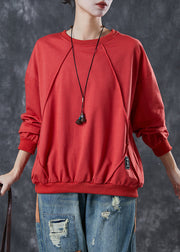 Red Cotton Sweatshirts Top Oversized Wrinkled Spring