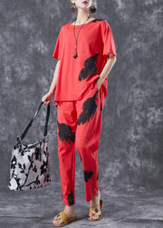 Red Cotton Two Pieces Set Oversized Feathers Print Summer