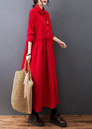 Red Drawstring Button Corduroy Holiday Long Dress Long Sleeve