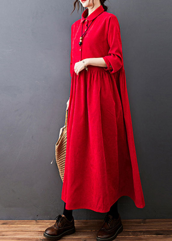 Red Drawstring Button Corduroy Holiday Long Dress Long Sleeve