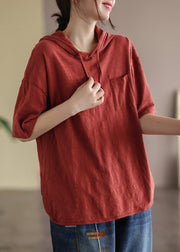 Red Drawstring Solid Cotton Hooded T Shirt Summer