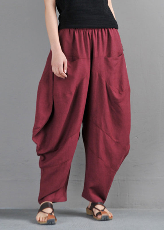 Red Elastic Waist Pockets Beam Pants Summer