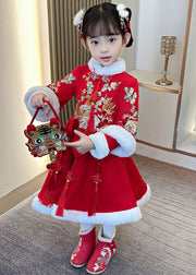 Red Embroideried Fur Collar Thick Kids Maxi Dresses Long Sleeve