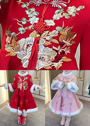 Red Embroideried Fur Collar Thick Kids Maxi Dresses Long Sleeve