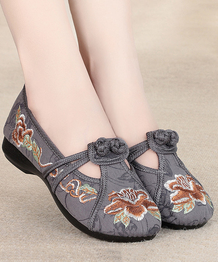 Red Flat Shoes Cotton Fabric Boho Embroidery Splicing