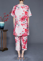 Red Floral Linen Silk Women Sets 2 Pieces Oversized Summer