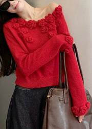 Red Floral Patchwork Knit Sweater Asymmetrical Winter