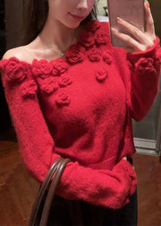 Red Floral Patchwork Knit Sweater Asymmetrical Winter