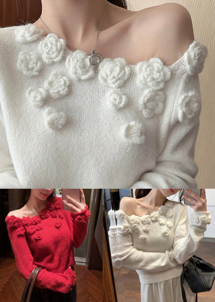 Red Floral Patchwork Knit Sweater Asymmetrical Winter