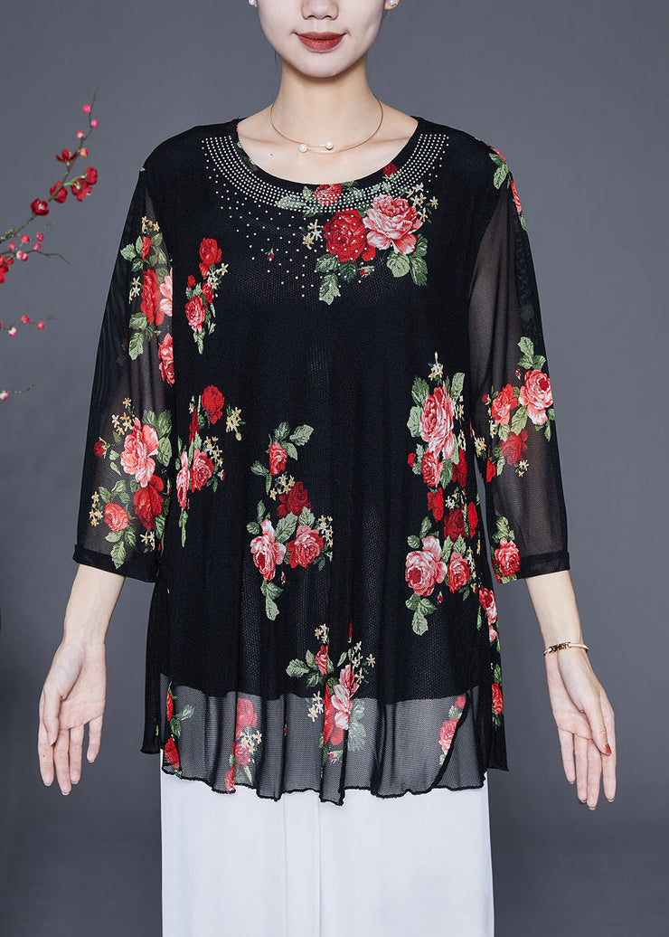 Red Floral Print Chiffon Blouse Tops O-Neck Zircon Summer