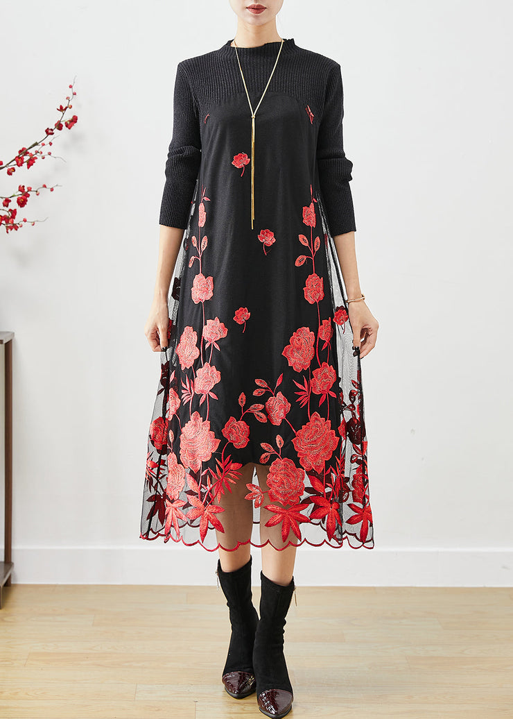 Red Floral Silm Fit Knit Long Dress Embroideried Fall